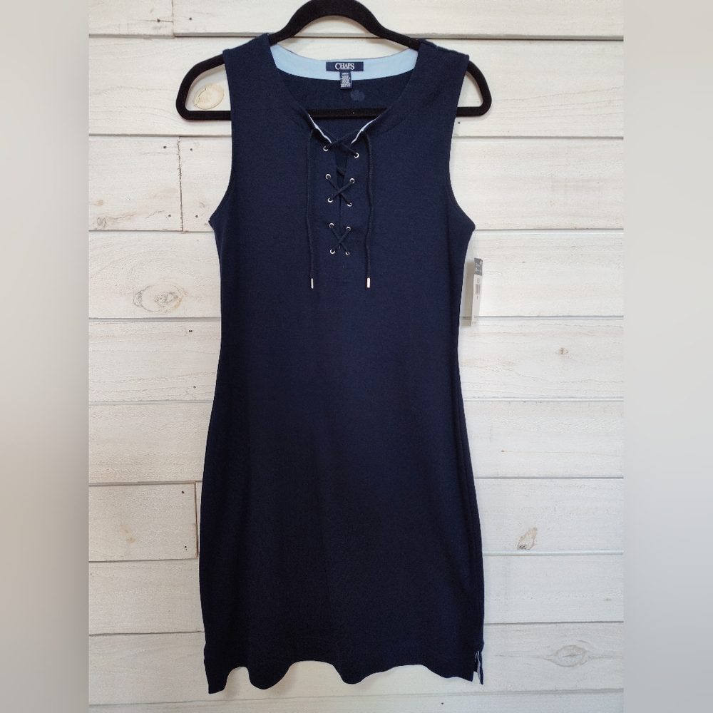 Chaps Women Dress Navy Blue Lace-Up Neckline Sleeveless T-Shirt Dress Shift